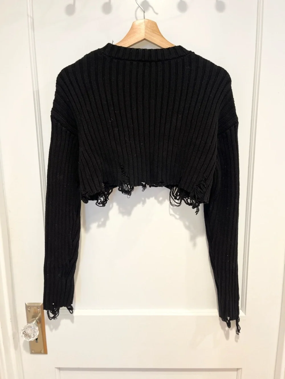 Zara Black Crewneck Ribbed Cropped Distressed Sweater Small